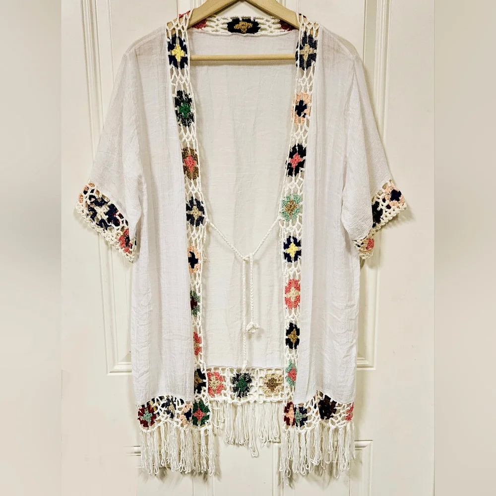 Crochet Embroidery multicolor White Tassel summer swim Kimono Cardigan size S-M
